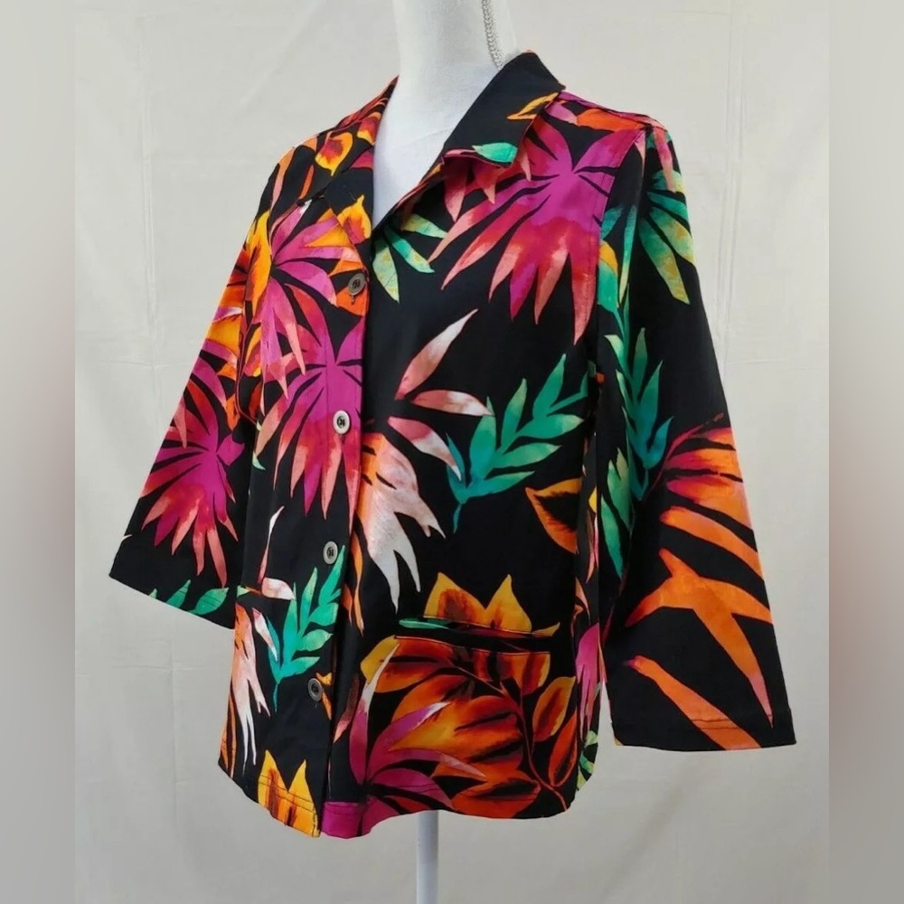 Additions Chicos Womens Jacket 3/4 Sleeves Black Floral Tropical Cotton, L
